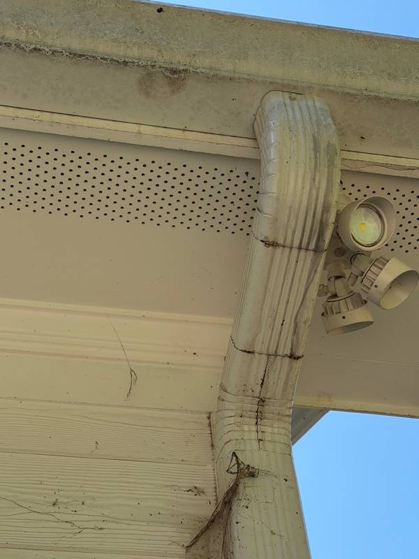 Dirty downspout area with debris before gutter cleaning