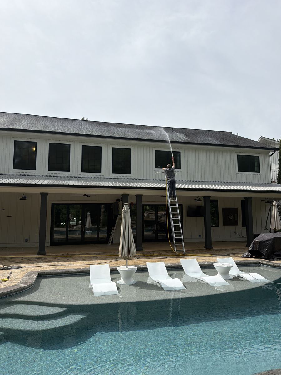 Piedmont Exterior roof washing job on a luxury pool home in Lake Oconee area